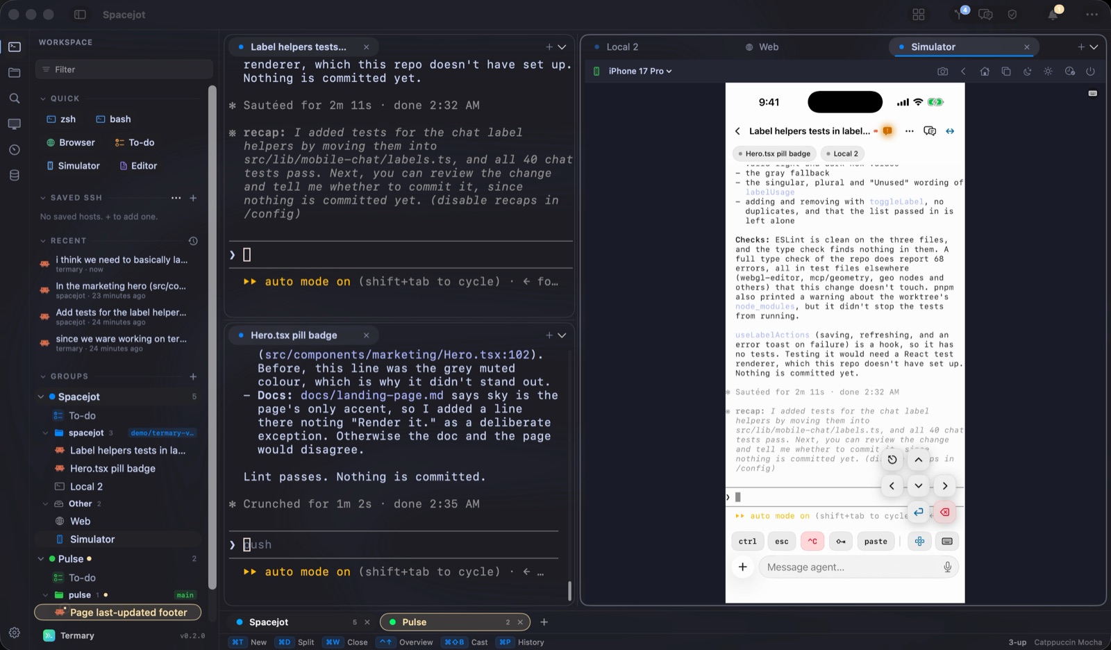 An iOS simulator running in a Termary pane next to two agent terminals